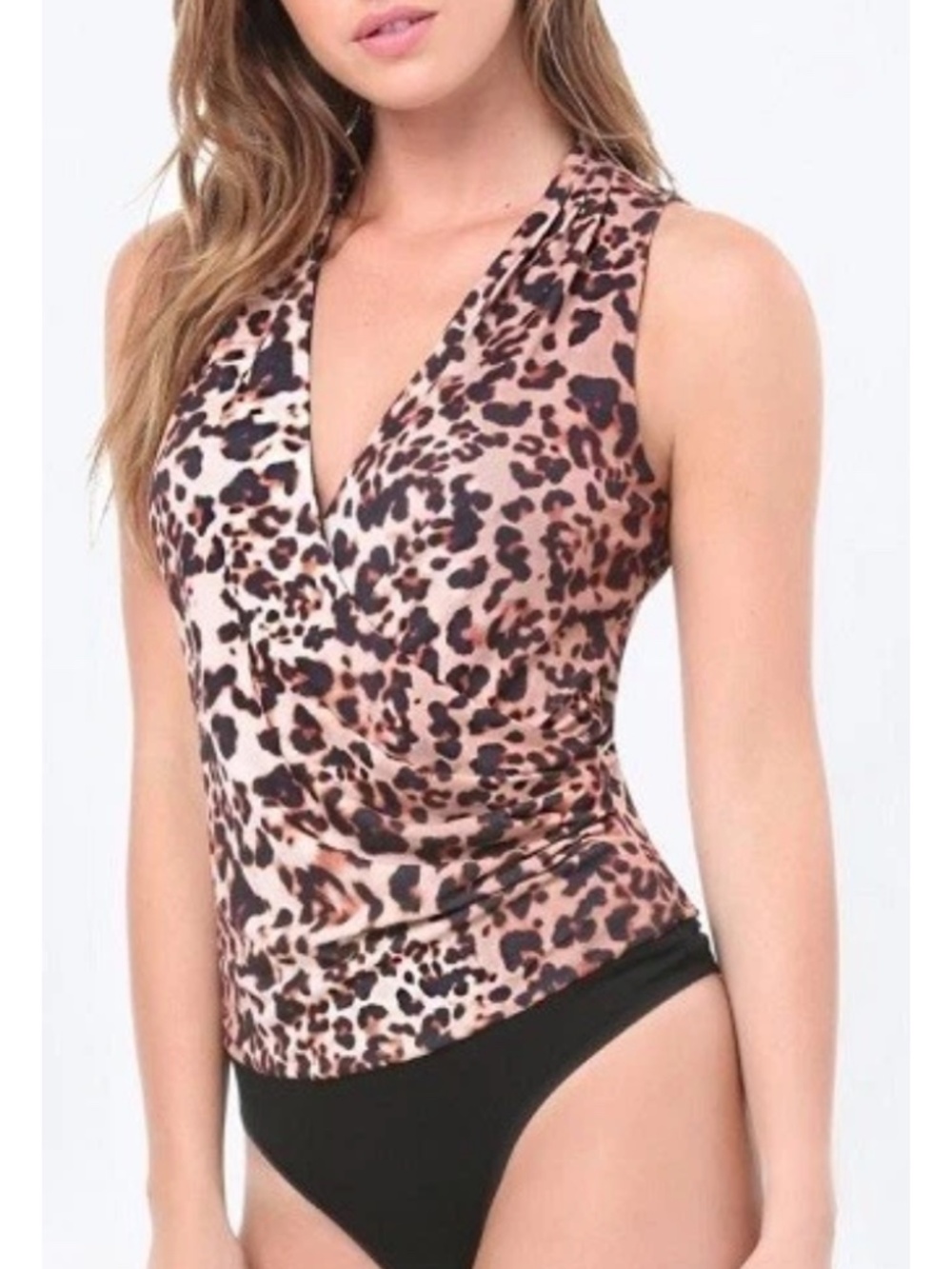 NWT Bebe leopard pattern print black v neck sleeveless bodysuit top
